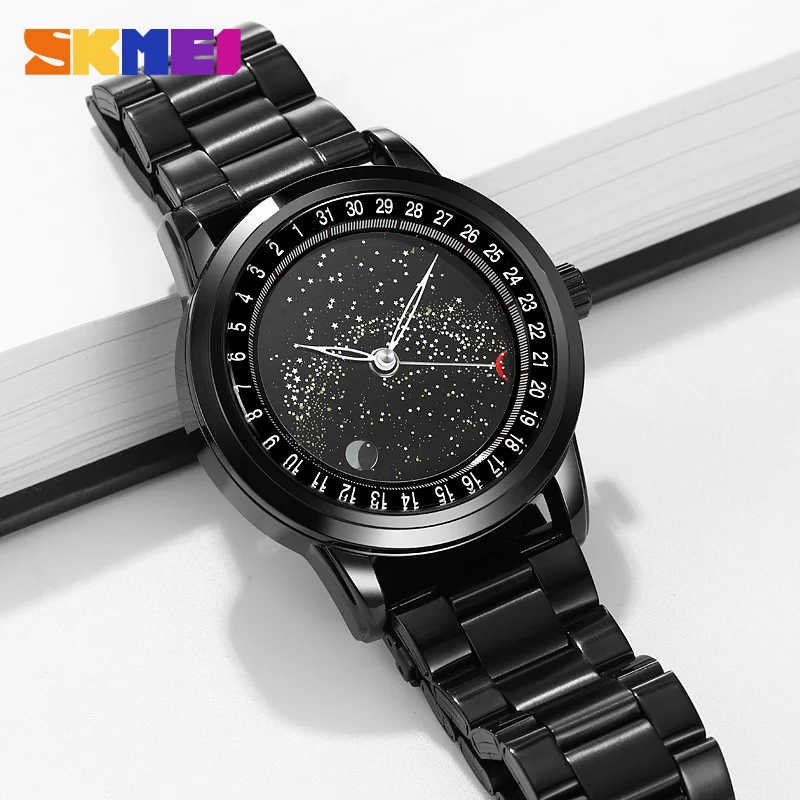 SKMEI-Montre à Quartz de Luxe pour Homme, Bracelet en Acier Inoxydable, Date Phase Lunaire, Décontracté, Étanche, Horloge Masculine