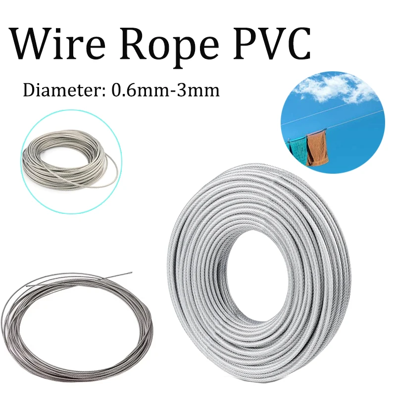 5/10M 304 Stainlesss Steel Wire Rope Plastic-Coated for Fishing Lifting Cable Clothesline Cable Diameter 0.6-3mm