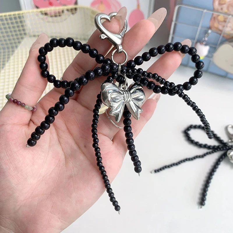 New Style Double Layer Black Bow Phone Strap Charm Chain Knot Cellphone Lanyard Keychain Woman Girl Bag Camera Pendant For Case