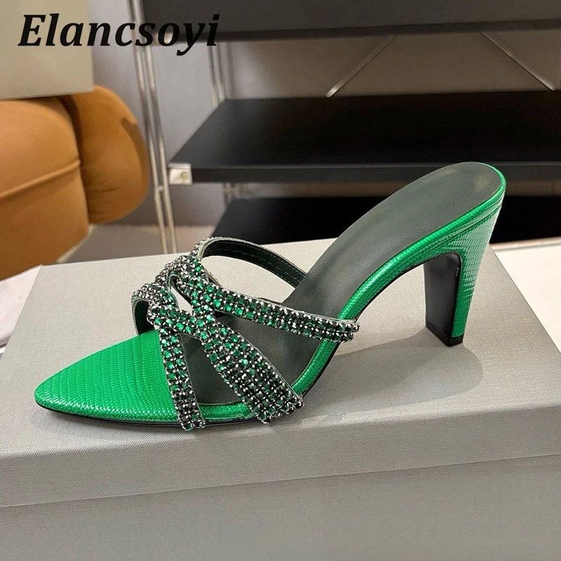 Summer High Heels Slippers Women's Bling Rhinestone Decor Pointed Toe Hollow Outs Lazy Sandalias Outdoor Sexy Slides 2026