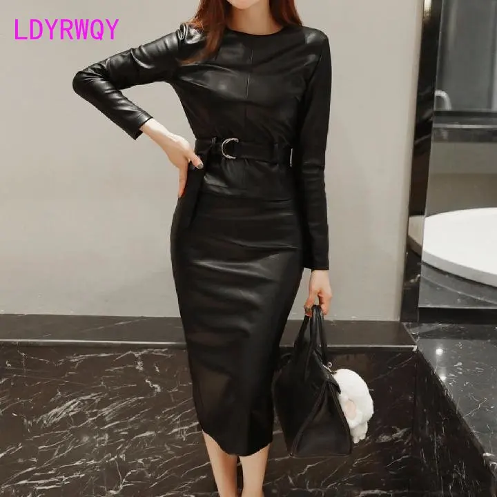 Leather skirt temperament bag hip two-piece autumn and winter new pu leather high waist suit skirt S-4XL