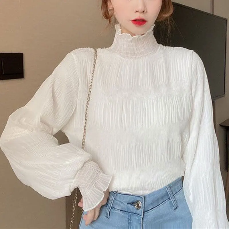 Basic Solid Color Fashion Shirring Shirt Folds Turtleneck Autumn Winter Thin Long Sleeve Women\'s Clothing Korean Sweet Blouse