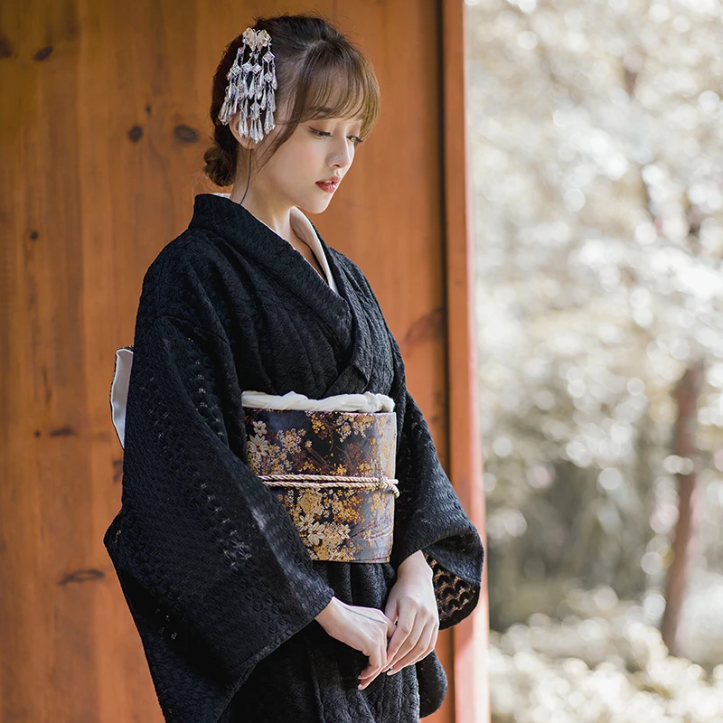 Kimono Tradisional Jepang Wanita Gaun Renda Hitam Wanita Gaya Retro Pakaian Fotografi Yukata Formal Klasik Pakaian Panggung