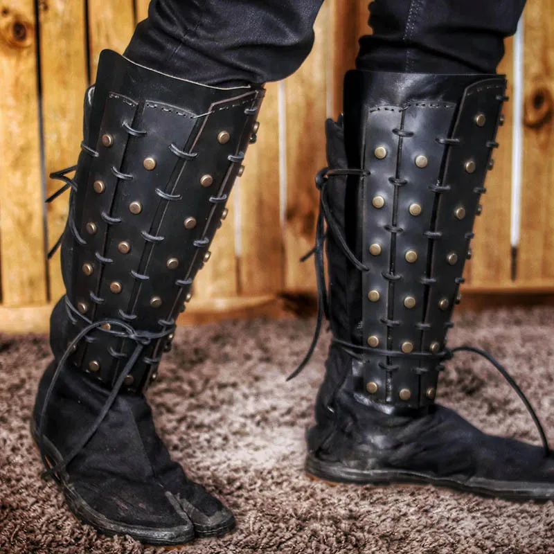 Adjustable Ancient Samurai Knight Riveted Knee Pads Leg Guards Lace-up Shoe Covers Stage Performance Cosplay Props
