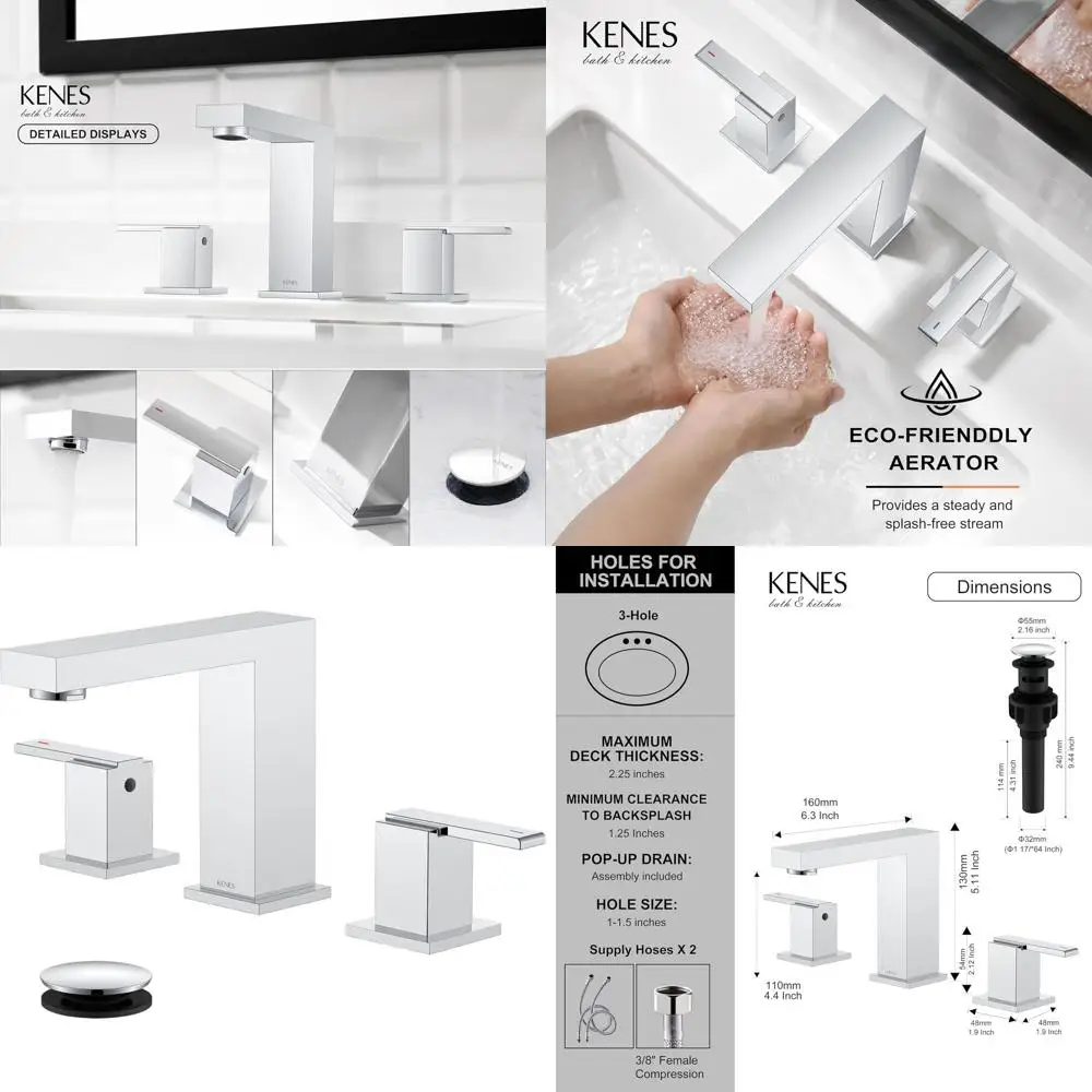 

Chrome Finish 2-Handle Widespread Bathroom Sink Faucet with 3-Hole, 8-Inch Vanity Set, Pop-Up Drain & Lines, Model KE-9050-5-P