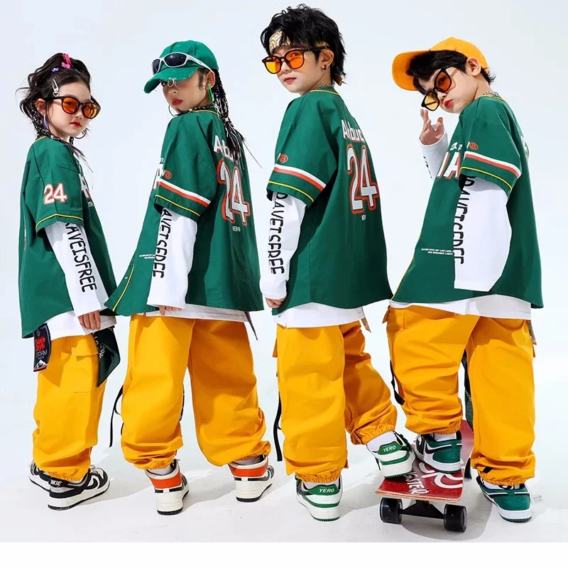 Hip Hop Kids Green Baseball Jacket Solid Cargo Pants Boys Girls Cool Streetwear Children Jazz Clothes Sets Street Dance Costumes