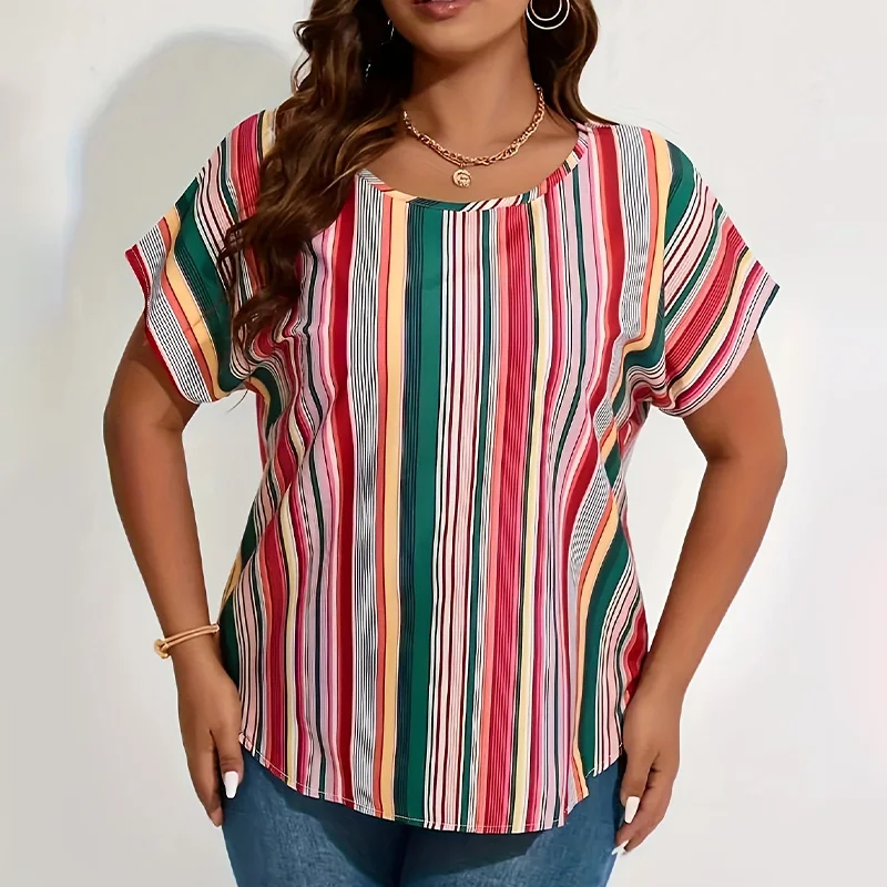 Plus size women's shirt, multi-color striped printed shirt with bat sleeves and round neck casual top, suitable for daily wear image 3