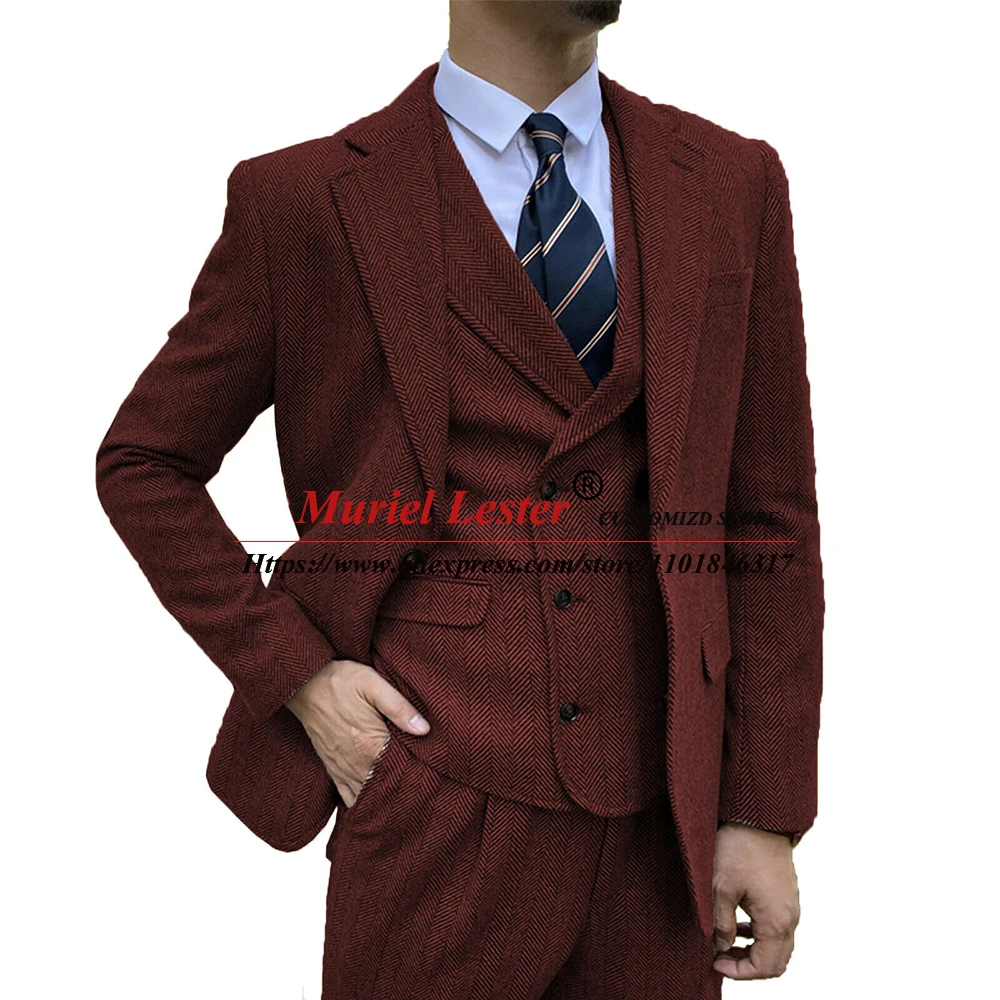 

Tweed Herringbone Men Suits 3 Pieces Groomsman Burgundy Wedding Tuxedos Tailor-Made Blazer Slim Fit Business Man Clothing 2022