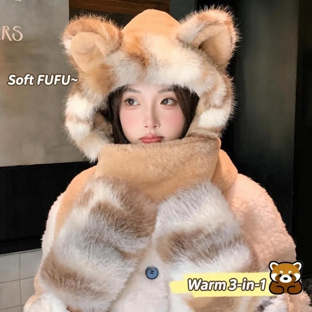 3-in-1 Design Hat Scarf Gloves Set Thick Windproof Warm Lining Winter Hat Scarf Mitten Set Fluffy Soft Faux Fur