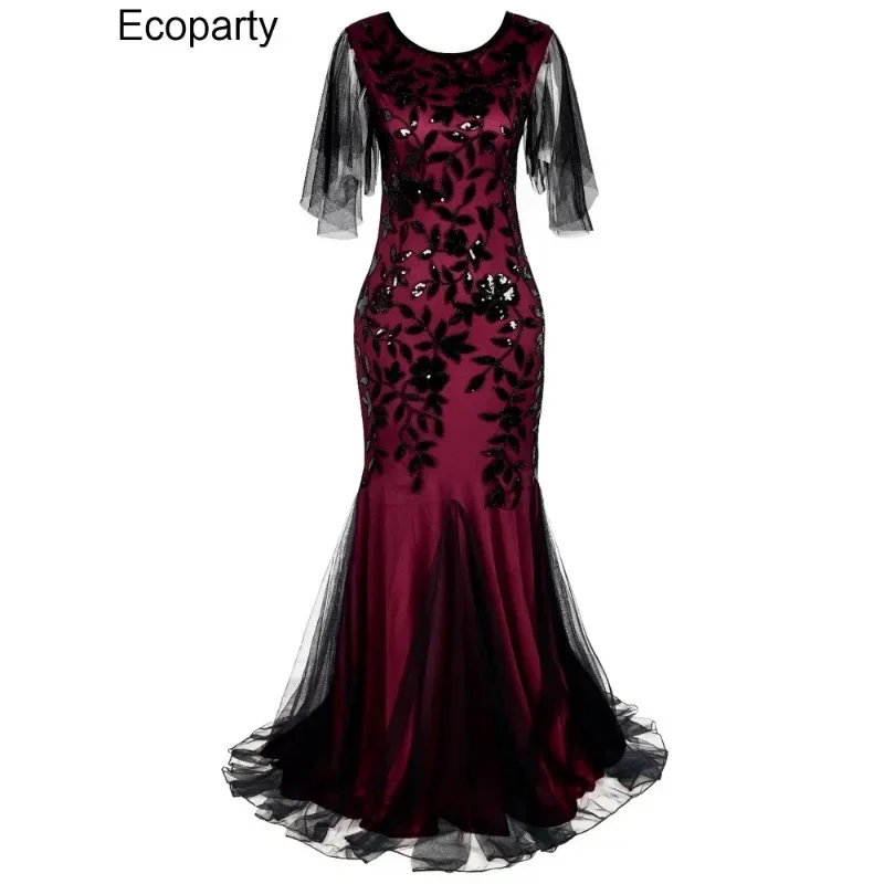 Women O-neck Tulle Embroider Evening Dress Elegant Mermaid Vintage 1920s Party Dress Great Gatsby Mesh Sequin Maxi Long Dress 35