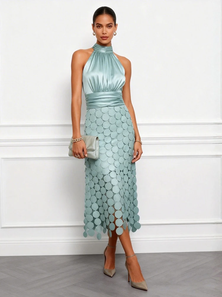 Sleeveless Halter Neck Satin & Crochet Ruched Waist  Lace Midi Dress 2026  Summer Elegant Women Guest Party  Evening Vestido