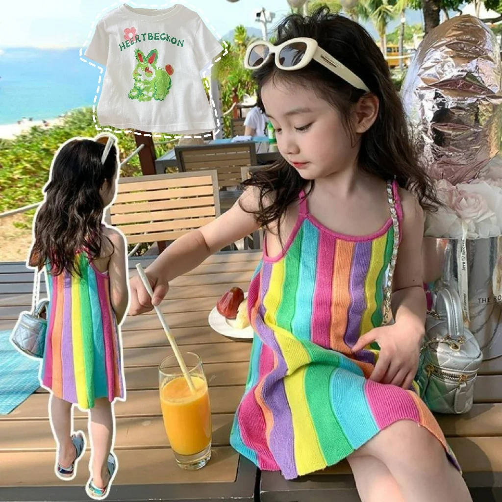 New Korea Summer Kids Clothes for Baby Girls Cute Rabbit T-shirt + Rainbow Knitted Dress 2-piece Set Kawaii Skirt Sets Boutique