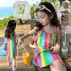 New Korea Summer Kids Clothes for Baby Girls Cute Rabbit T-shirt + Rainbow Knitted Dress 2-piece Set Kawaii Skirt Sets Boutique