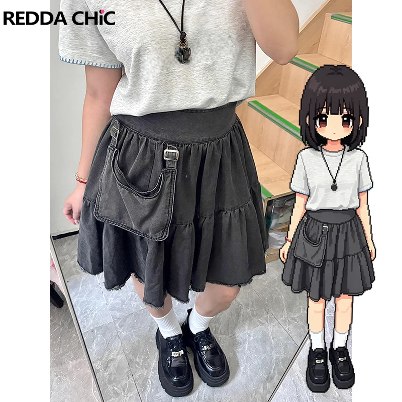 

Женская джинсовая юбка ReddaChic с необработанным краем, летняя, с эффектом потертости, с низкой талией, серая, свободного кроя, в стиле пэчворк, длинная многоярусная юбка Rokku Gyaru Streetwear