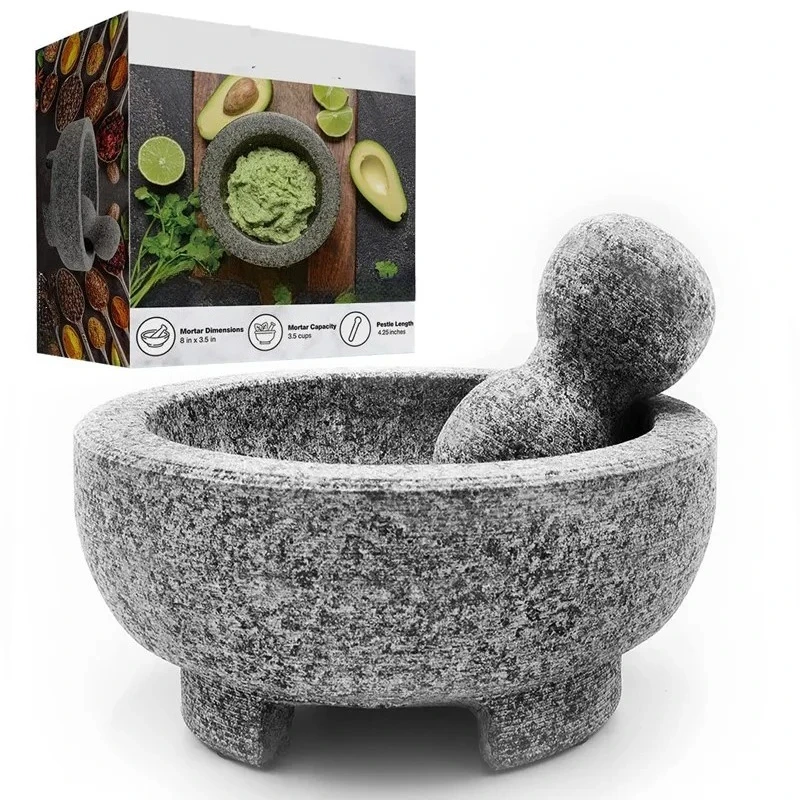 Granite Mortar And Pestle Set Guacamole Bowl 8 Inch Natural Stone Grinder for Spices Seasonings Pastes Pestos and Guacamole