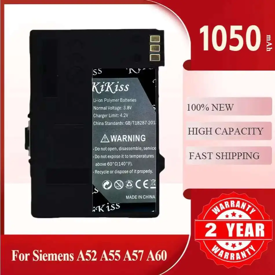 

Мощный аккумулятор KiKiss на 1050 мАч для Siemens A52/A55/A57/A60/A62/A65/A70/C55/GIGASET SL1/SL56/SL100/SL565/M55/S55 (EBA-510)