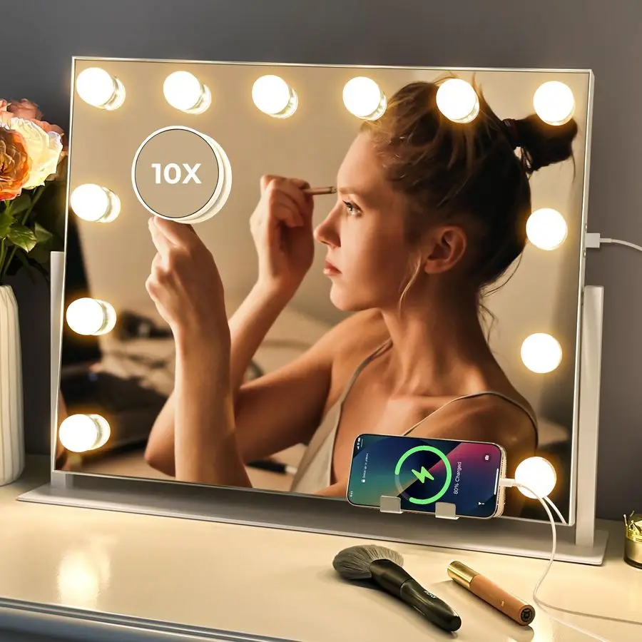 Mirror with Lights, Hollywood Lighted Makeup Mirror with 12 Dimmable LED Bulbs for Dressing Room amp Bedroom, 3 Light ModesSlim