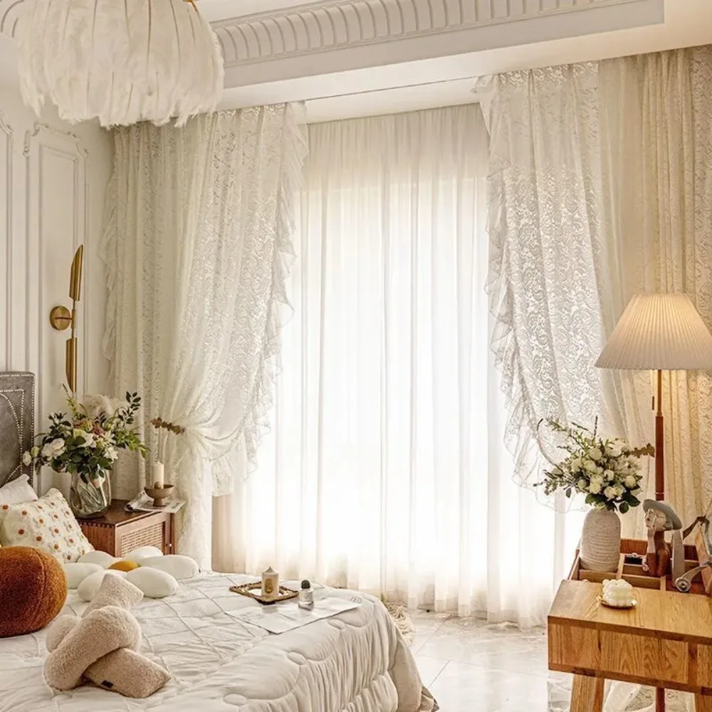 French Idyllic Elegant Solid White Warp Ruffled Tulle Curtains for Living Room Romantic Lace Gauze Curtains for Kitchen