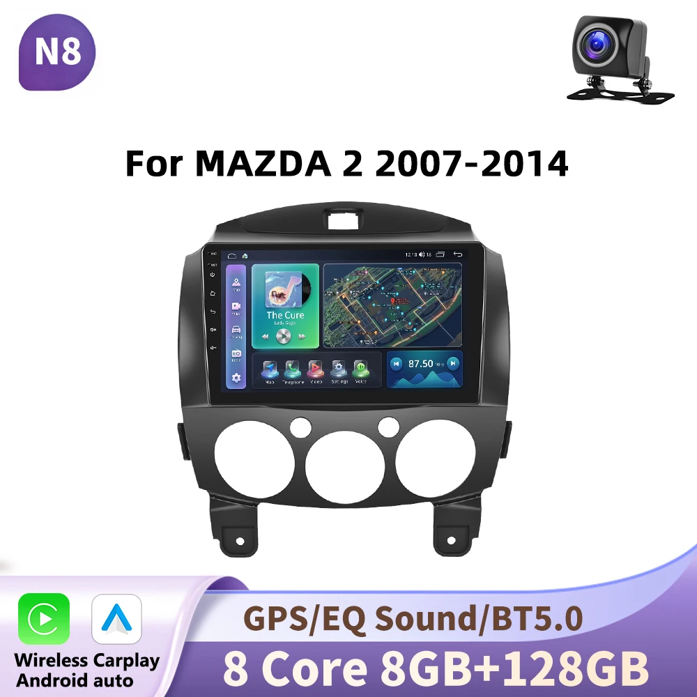Podofo Android voor MAZDA 2 2007-2014, autoradio multimediaspeler met draadloze CarPlay en Android Auto, 2-din, geen DVD-speler.