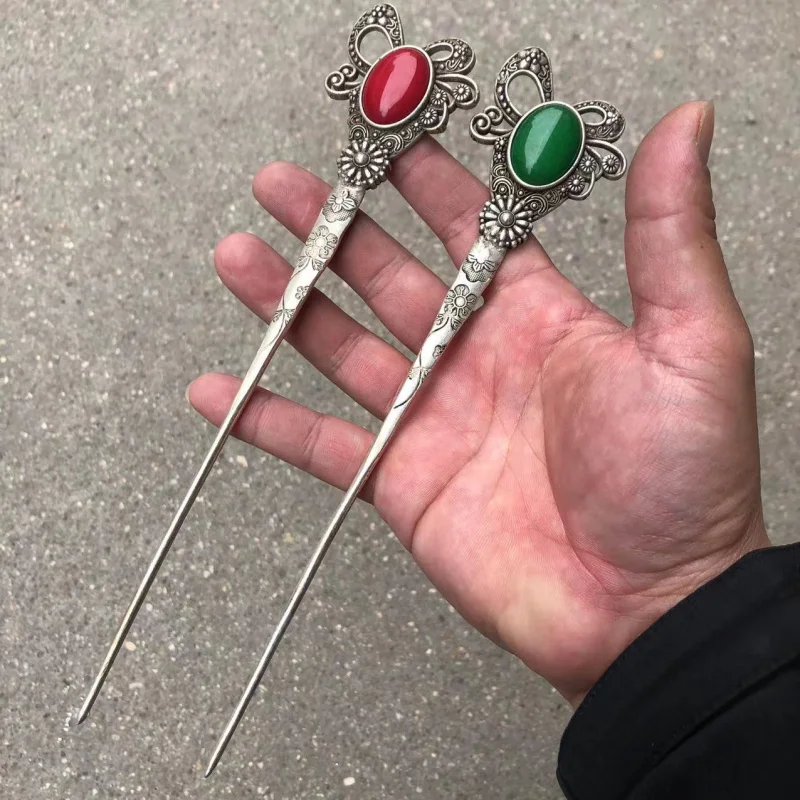 Venta al por mayor Miao horquilla de plata palo de pelo estilo étnico plata tibetana con incrustaciones de piedras preciosas horquilla joyería accesorio para el cabello una pieza Dr