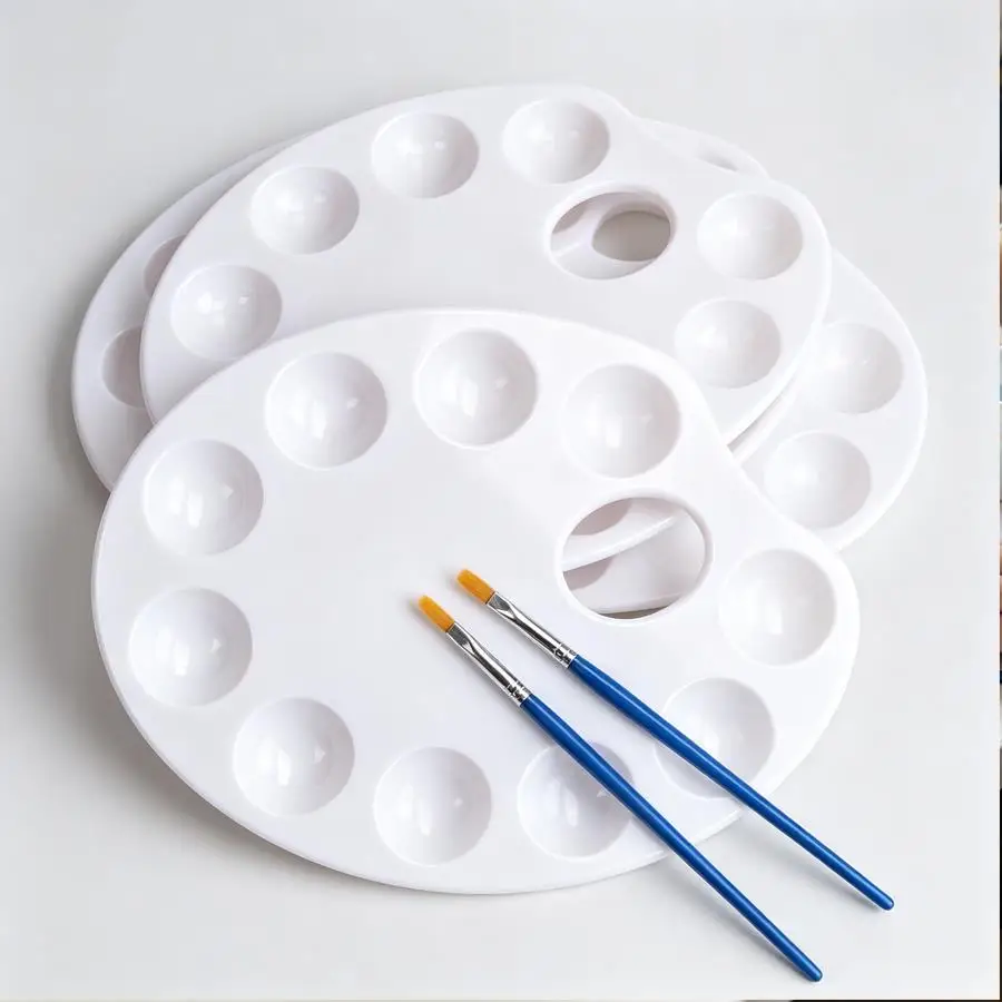 1pc Oval 10‑Well Plastic Paint Palette, Pigment Blending Dish, Light‑weight Art Supply for Acrylic, Watercolor, Oil Paint, XJM