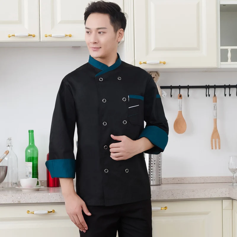 Chaqueta de Chef para hombre, camisa de manga larga, delantal, sombrero, abrigo de cocinero de panadería, ropa de pastelería, uniforme de camarero de restaurante, logotipo impreso