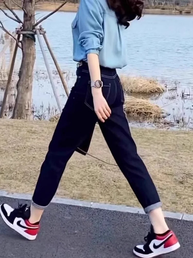 Deep Blue Nine-Tenths Harem Jeans Women's Spring Autumn Straight Leg Slimming Casual Cucumber Pants Tight Fit Denim Jeans