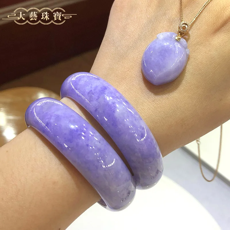 Natural Burmese A-grade jadeite wide bracele featuring an -like texture ice purple and spring-colored hues suitable for