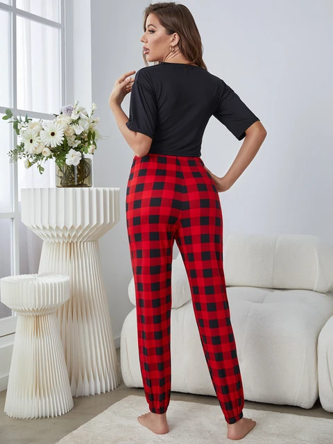 Red Black Plaid Long Pants Crop Tops Women s Pajamas Sets Outfits High Waist Sexy Home Suit Female Elastic Sleepwear 2 Pieces AliExpress