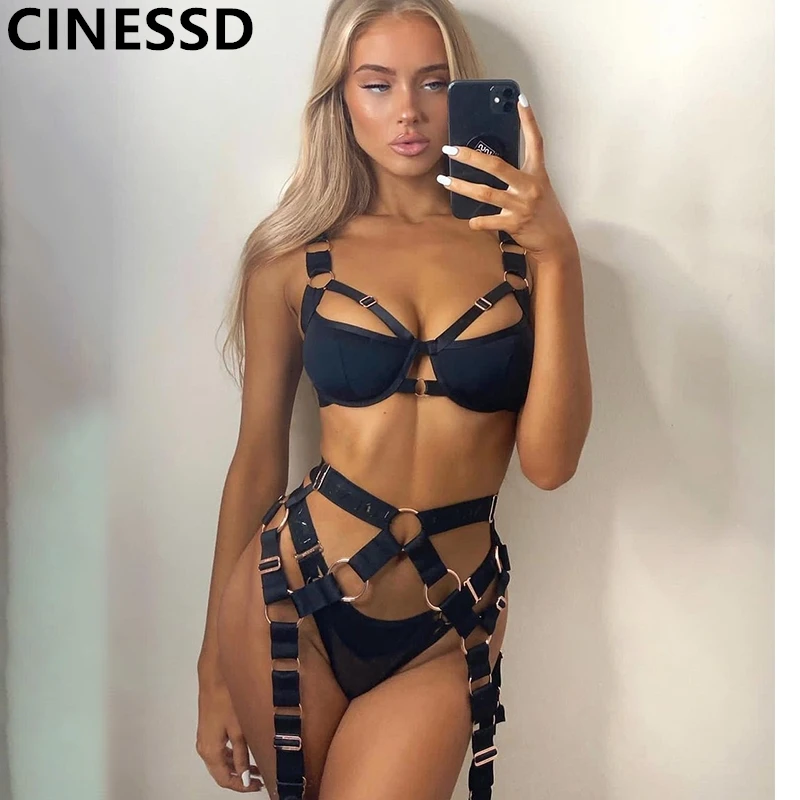 

CINESSD Sensual Lingeire Goth Women's Underwear Set Black Hollow Out Splicing Brief 3 Piece Underwire Bra Garters Bilizna Set