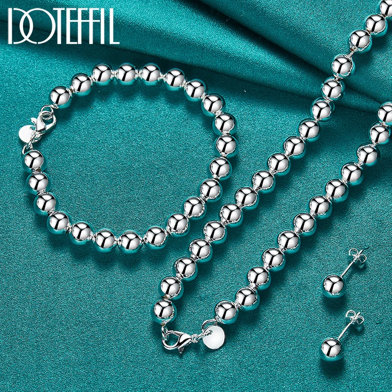 DOTEFFIL 3 szt. 925 srebro 8mm Hollow koralik kula kolczyk bransoletka naszyjnik zestaw dla kobiety ślub zaręczyny urok biżuteria