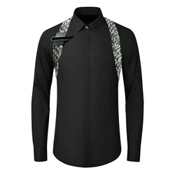Brand U-shaped Buckle Shirts Men Cotton Splicing Long Sleeve Business Dress Shirts Banquet Party Stage Star Shirt Men Clothing