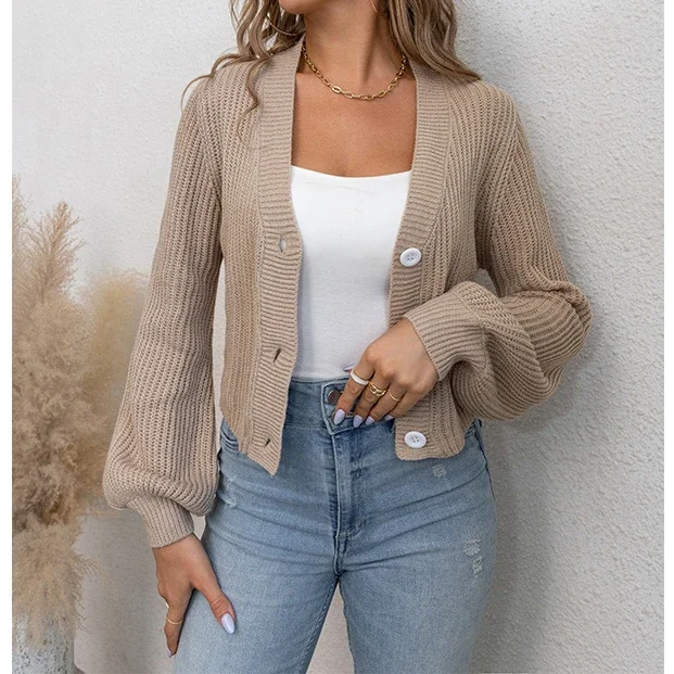 

Women’s Small Coat Spring Autumn Knit Cardigan Sweater French Elegant Simple Solid Color Lantern Sleeve Button Long Sleeve