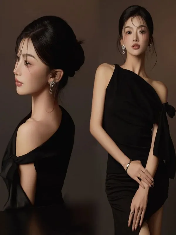 

Elegant Studio Photography High Fashion Shoulder Dress Pure Desire Style Korean Art Photo Clothing for Young Women