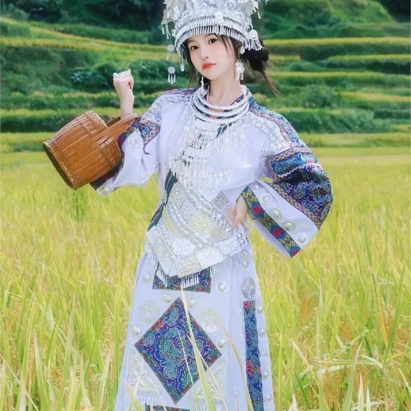 

Ethnic costume for women white hand-embroidered set exotic style travel photography and dance dress