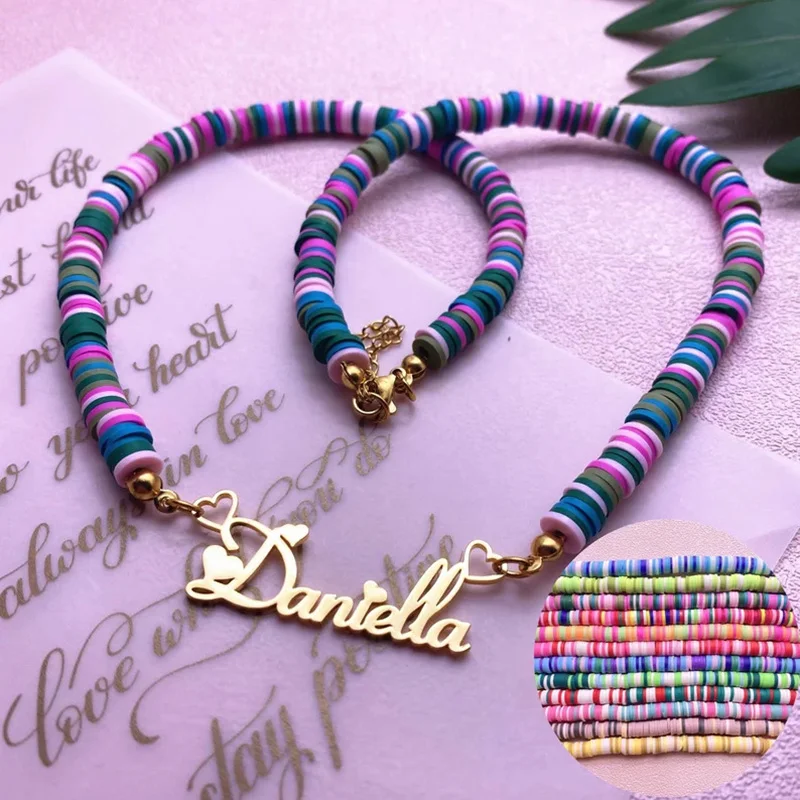 

Custom Colorful Fimo Bead 18K Gold Plated Name Necklace Personalized Multiple Styles Polymer Clay Stainless Steel Pendant Chain
