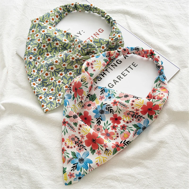 Floral Hair Scarf for Women Pastoral Vintage Hijab Flower Head Bands Girls Bandannas Elastic Triangle Turban Summer Accessories