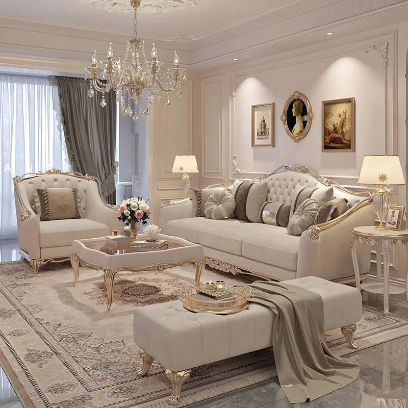 

French solid wood combination light luxury romantic carved fabric three-person sofa luxury court style living room