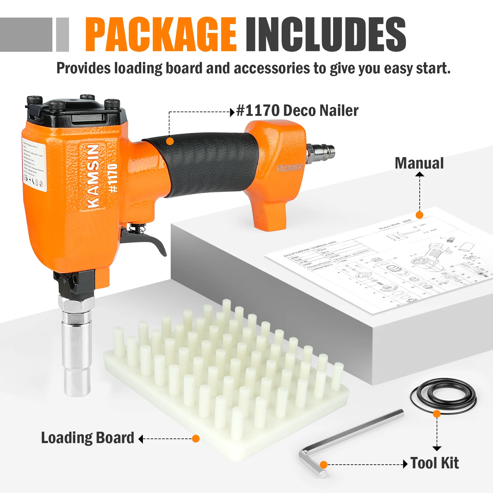 KAMSIN Pneumatic Decorative Pin Nailer with Loading Board, Finish Upholstery Tacks Stapler for Furniture