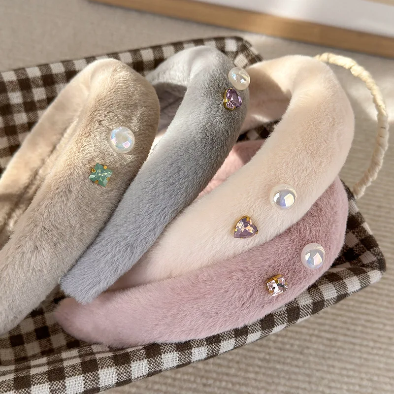 New Retro Pearl Rhinestone Plush Texture Sponge Thickened Headbands Simple Solid Color Hairbands Woman Fashion Elegant Hair Hoop