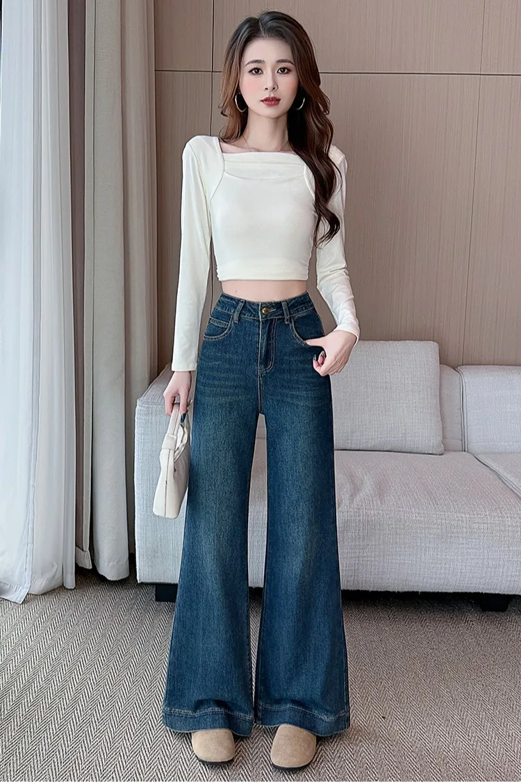 Real Shot Autumn American‑Style Stretchy Versatile Denim Straight‑Leg Wide‑Leg Pants For Petite Women - view 6