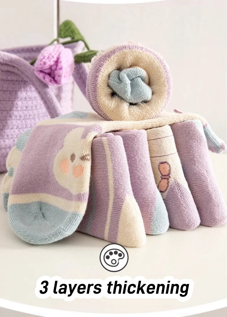 Wintersocken für Mädchen, dicke Baumwolle, warme Socken, kleine große Mädchen, florale Hasensocken, 5 Paar/Beutel, wadenlange Thermo-Frottee-Socken für Babys – Detail 4
