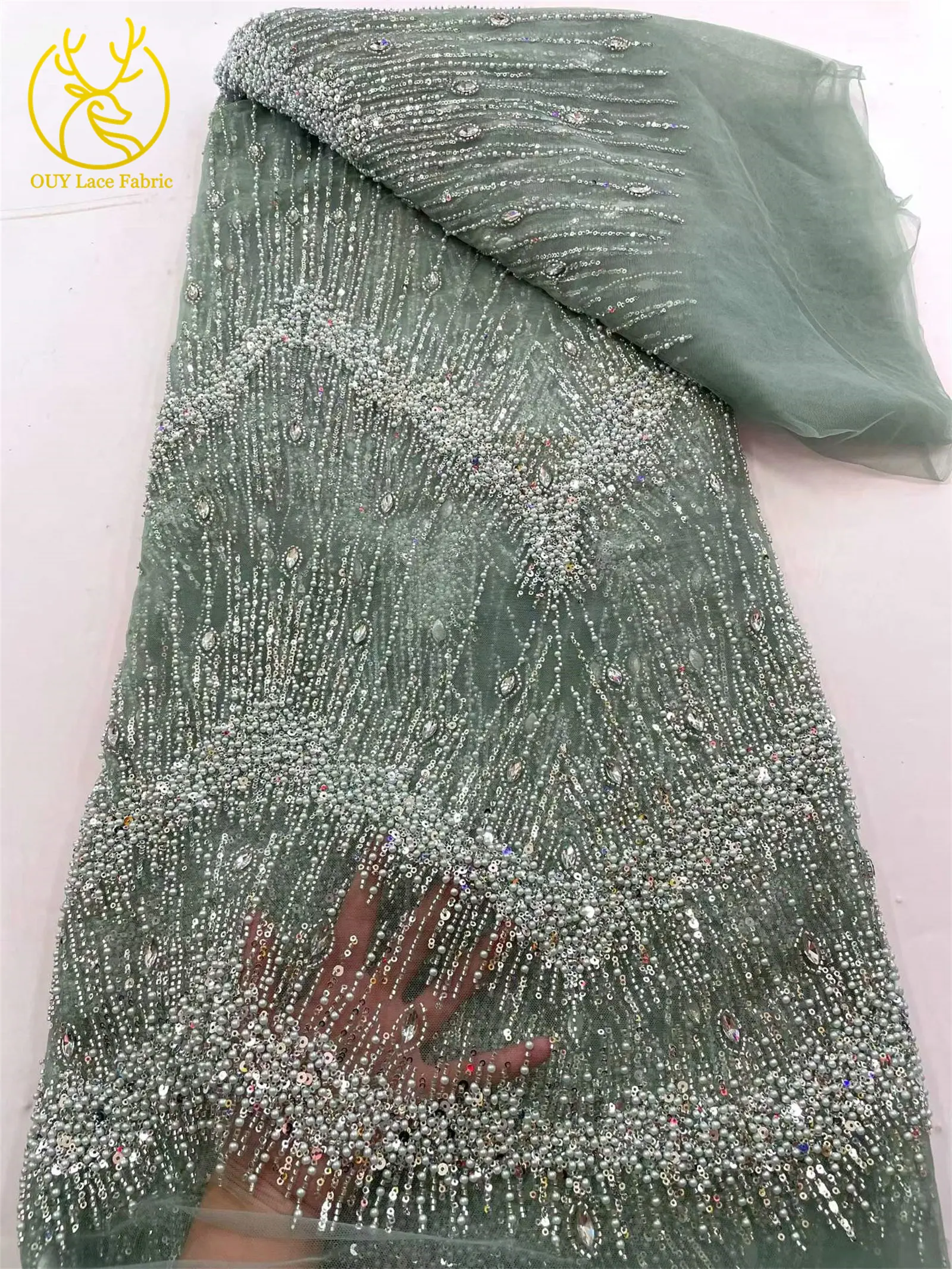 Rosa Hochzeitskleid, afrikanischer Pailletten-Spitzenstoff, 5 Yards, neuer französischer Stein-Pailletten-Tüll-Spitzenstoff für nigerianisches Hochzeitskleid – Detail 14