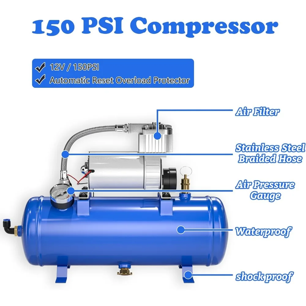 150デシベルの強力な列車用ホーンシステム（4つのホーン付き、150 PSI、12Vエアコンプレッサー）、トラック、車、バン、ボートに最適