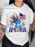 Disney Stitch and Angel 4th of July T-shirt Patriotic American Flag Pattern Fireworks Star Round Neck Short Sleeve Women T-shirt