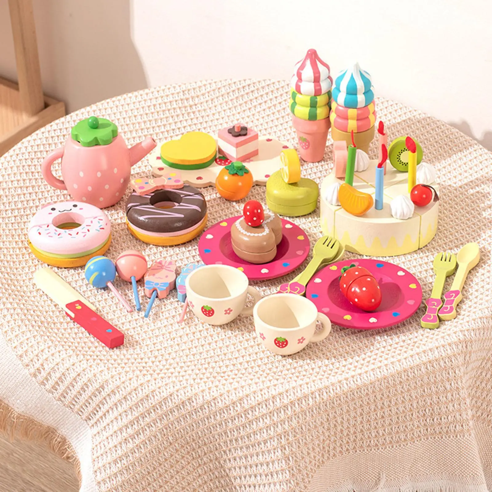 

Wooden Play Kitchen Toys with Storage Box Hands on Ability Pretend Cooking Toy Tea Party Tableware for Girls Birthday Gift Kids