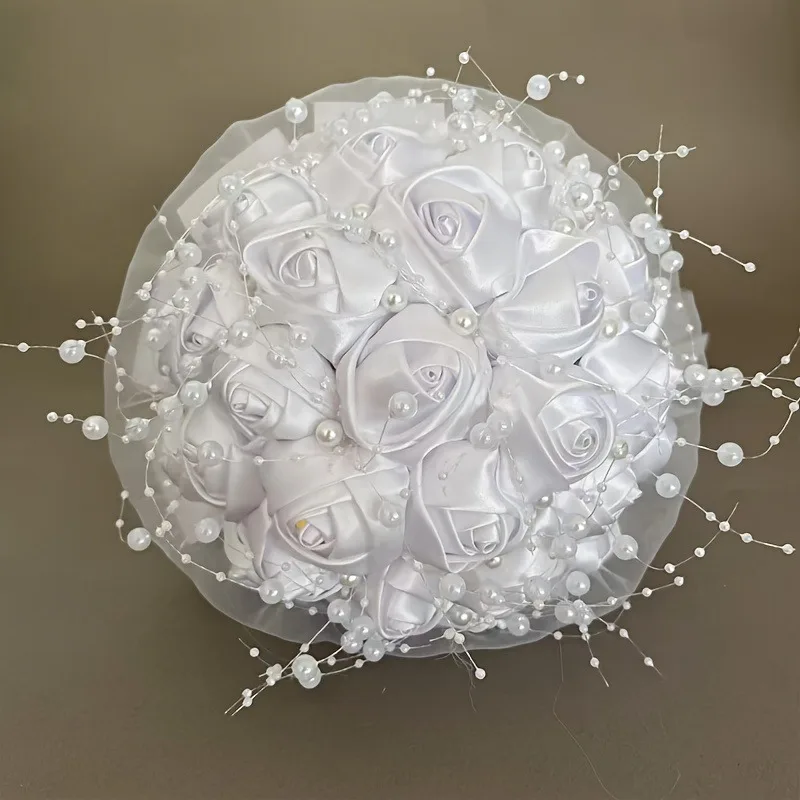 باقة زفاف عروس فاخرة من الحرير الوردي باقة زهور صناعية محمولة مع شريط زفاف عتيق لتزيين باقة الزفاف