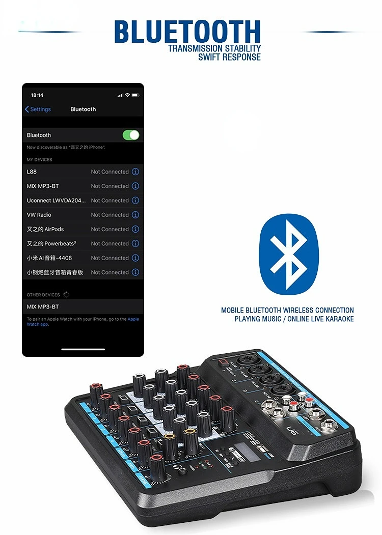 Micfuns U6 6-Channel Professional USB Bluetooth Audio DJ Mixer Console for Stage Music Performance Recording Karaoke System