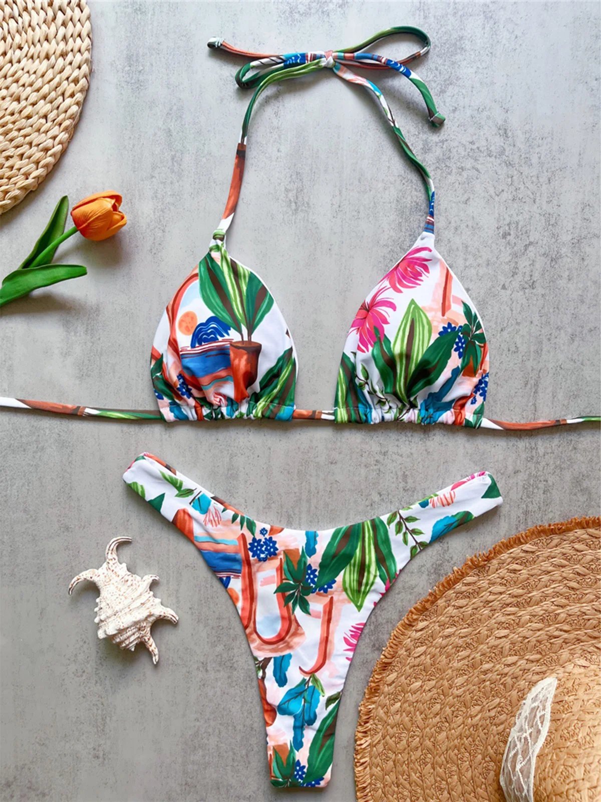 Bather Bathing Suit Swim Two-Pieces Bikini Set Mini Micro Thong Padded Printed Halter Bikini Women Swimwear Female Swimsuit M85
