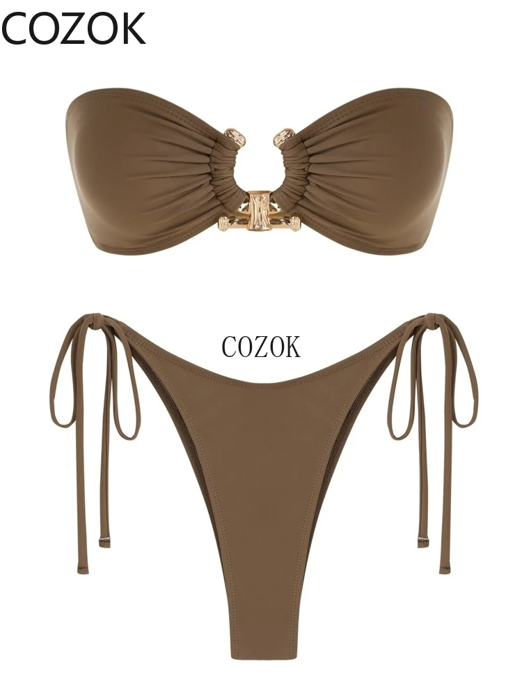 2024 Solid O Ring Swimsuit for Women Tie Side Shiny Metal Hardware Ring Bandeau Bikini Swimwear Padded Bra Top Low Waisted